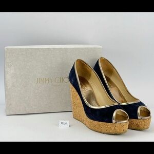 Jimmy Choo Navy Blue Papina Suede Cork Wedges Size 40